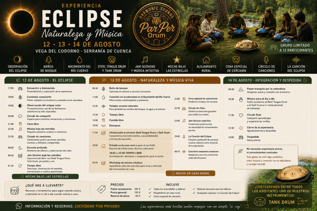 🌞 Eclipse, Naturaleza y Música | Experiencia 12-14 Agosto | Serranía de Cuenca